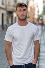 Fototapeta premium Blank white t-shirt mock-up on a male model, zoom in focus on the man's chest, blurred urban street background. generative AI
