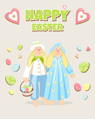 Happy Easter. Rabbits. Easter bunnies. Colorful Easter eggs and a pair of loving bunnies for Happy Easter