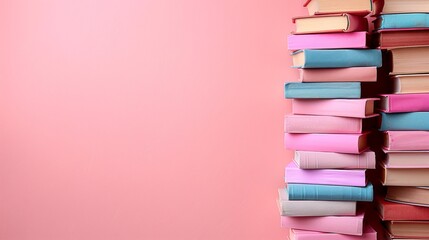 Book Day Array: A Neatly Stacked Pile of Colorful Books Against a Plain Pink Background