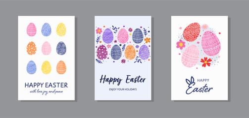 A set of colourful Easter backgrounds. Design of a greeting card with eggs and flowers. Vector illustration