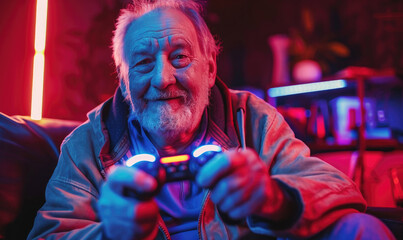 A man playing in joystick, neon light room, close up shot