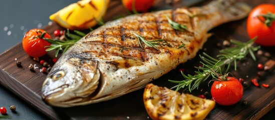 A grilled fish, rich in DHA and EPA omega acids, is presented on a cutting board alongside fresh tomatoes and aromatic herbs. - obrazy, fototapety, plakaty