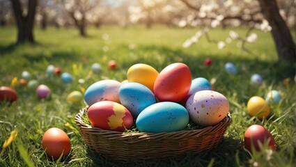 Fototapeta na wymiar Easter - Painted Eggs In Basket On Grass In Sunny Orchard