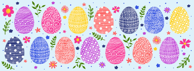 Easter banner with ornaments. Colourful background with hand painted eggs and flowers. Panoramic header. Vector illustration
