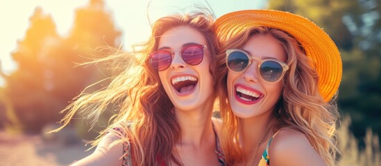 Obraz premium Two beautiful young women stand side by side, enjoying each others company and having fun outdoors.