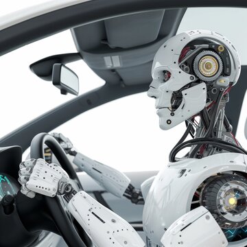 Robot driving a car, humanoid type robot, white background