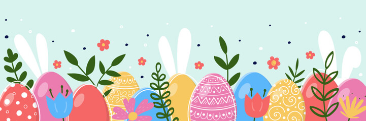 Modern Easter banner. Colourful background with hand painted eggs, bunnies and flowers. Panoramic header. Vector illustration