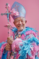 a happy bishop wearing holding a cross, fashion outfit, pink and blue colors