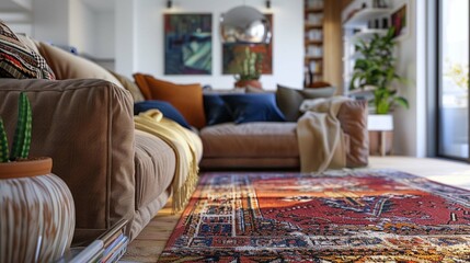 layers of beautiful modern rugs layered one on another in the living room, brown modern couch, super photorealistic, vouge magazine style professional photo - Powered by Adobe