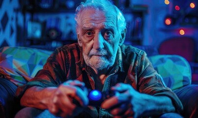 Obraz premium A man playing in joystick, neon light room, close up shot