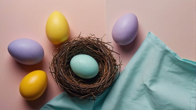 Easter banner with painted eggs and napkin on light blue backround, Top view, flat lay with copy space