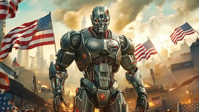 Artificial intelligence robot President of the United States stands victorious amongst the remains of his enemies as American flags wave in the wind