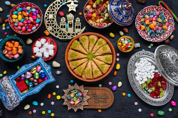 Colorful Eid Mubarak Candy and Chocolate, Ramadan Kareem Concept Photo, Uskudar Istanbul, Turkiye...