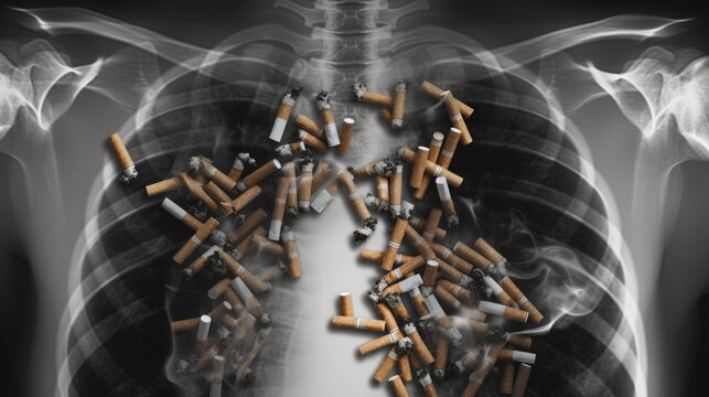 conceptual X-ray image of a human torso with the ribcage and spine visible, overlaid with discarded cigarette butts and smoke