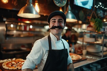 Portrait d'un pizzaiolo avec une grande moustache dans son restaurant » IA générative - obrazy, fototapety, plakaty