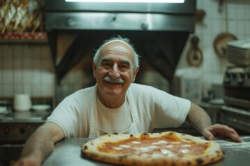 Portrait d'un vieux pizzaiolo dans son restaurant » IA générative