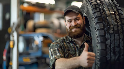 Smiling mechanic showing thumbs up with car tire in the car repair shop.