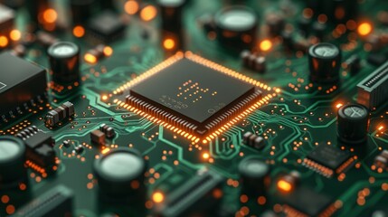 Obraz premium Microchip on Circuit Board with Glowing Connections