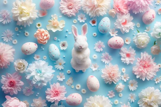 Happy Easter Eggs Basket render layer. Bunny hopping in arrangement decoration. Adorable hare 3d hamster rabbit illustration. Holy week easter hunt Colorful swirls card easter monday festivals