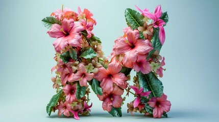 letter M made of real natural flowers and leaves. Flower font concept. Unique collection of letters and numbers. Spring, summer and valentines creative idea