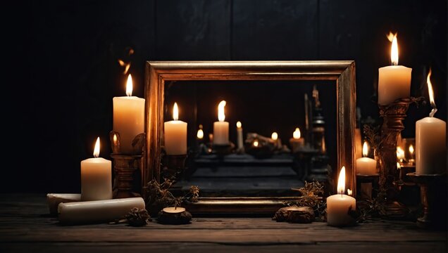 empty funeral frame, burning candles on wooden table against dark background