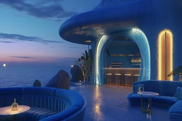 Foto op Canvas Luxury and opulence beach club / beach restaurant / beach bar in a rich futuristic retro design of the 1950s in all shades of blue with golden elements in a mediterranean beachfront setting at sunset © sania
