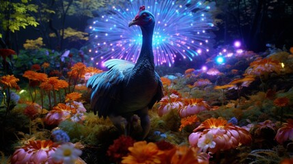 A turkey waddling around a holographic garden, surrounded by hologram flowers programmed to bloom endlessly.