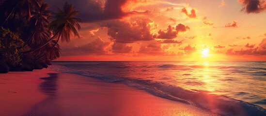 A stunning and awe-inspiring view of a magnificent sunset casting vibrant colors over a tropical beach, adorned with graceful palm trees.