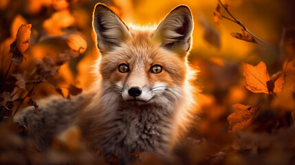 fox in the forest in bright autumn