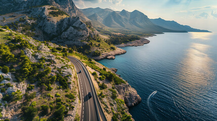 Drone view of a car driving on a road that cuts through mountains and sea.