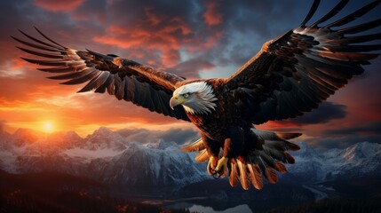 Majestic Eagle Soaring Above Mountain Range