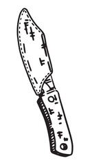 Sketch of camping knife with protective blade cover. Clipart of outdoor travel equipment, hiking tools. Hand drawn vector illustration isolated on white.