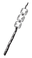 Sketch of marshmallow on a stick. Clipart of traditional camping food. Hand drawn vector illustration isolated on white.