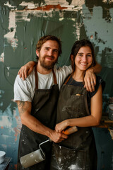 Fototapeta premium A Caucasian man and woman are hugging each other's shoulders and smiling with confidence painting a wall.