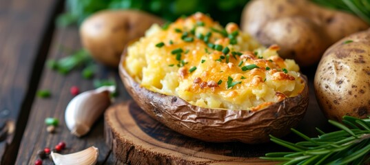 Delicious baked potato with cheesy topping on white plate, perfect for text placement