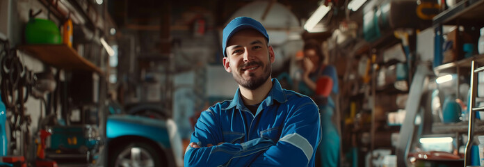Fototapeta na wymiar Confident Caucasian male auto mechanic in blue uniform stands with arms crossed in auto repair shop.