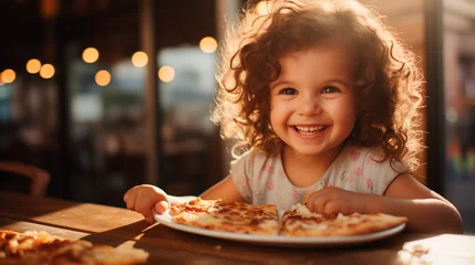 Foto op Aluminium A smiling girl kid is sitting with a pizza in a pizzeria © Inna