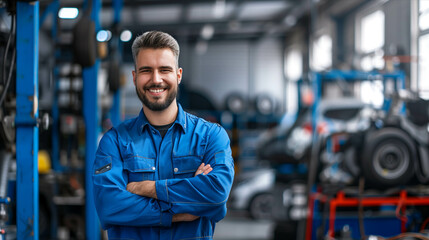 Confident Caucasian male auto mechanic in blue uniform stands with arms crossed in auto repair shop.
