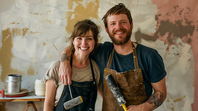 A Caucasian man and woman are hugging each other's shoulders and smiling with confidence painting a wall.