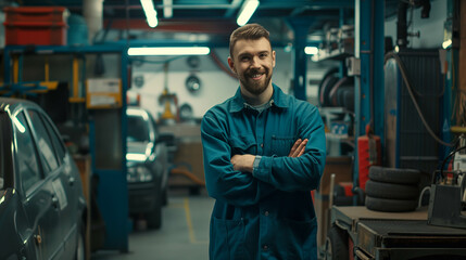 Confident Caucasian male auto mechanic in blue uniform stands with arms crossed in auto repair shop. - obrazy, fototapety, plakaty