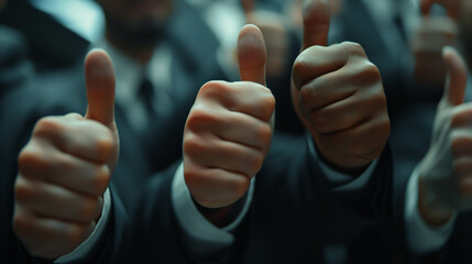 Closeup of many businessmen's hands giving thumbs up.
