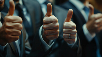 Closeup of many businessmen's hands giving thumbs up.