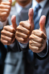 Closeup of many businessmen's hands giving thumbs up.