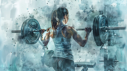 Plakat Watercolor illustration of woman in exercise clothes lifting a barbell in the gym.