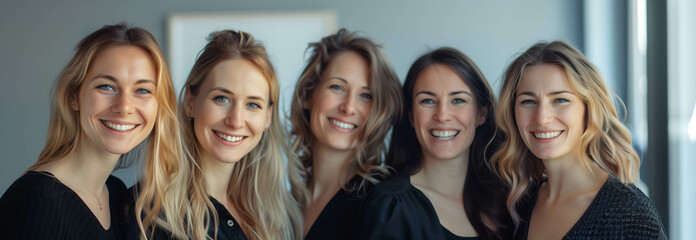 Various Caucasian women smile and take leadership in teamwork.