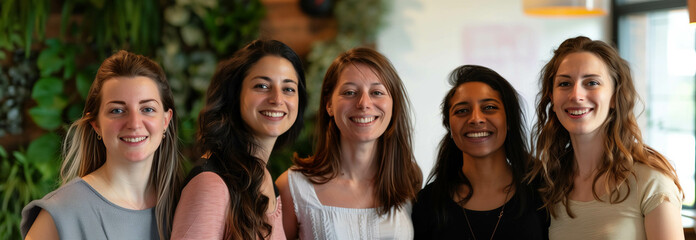 Various Caucasian women smile and take leadership in teamwork.