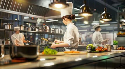 In the kitchen, the cooking professionals move purposefully amidst the savory scents wafting through the air. The space is impeccably organized, with shiny stainless steel finish.