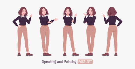 Young woman, charming anime like girl set speak, point pose. Smart casual office attire, black sweater, white shirt collar, beige costume pants classic brown shoes. Vector flat style cartoon character - obrazy, fototapety, plakaty