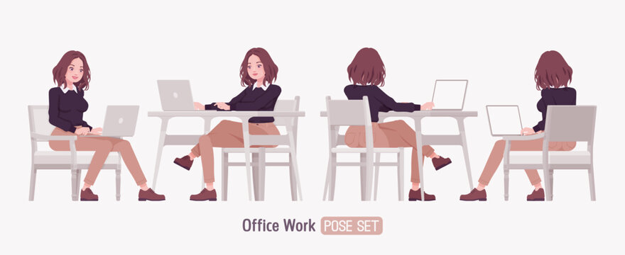 Young woman, charming anime like girl set busy laptop working. Casual office attire, black sweater, white shirt collar, beige costume pants classic brown shoes. Vector flat style cartoon character