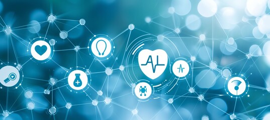 Fototapeta premium Artificial intelligence icon in digital heartbeat line, blurred background, copy space available